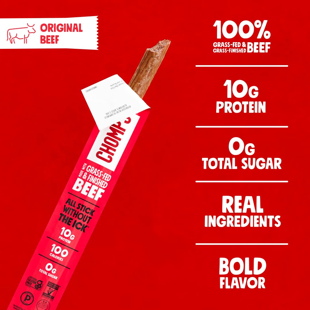 Chomps Grass-Fed Beef Jerky Snack Sticks 10-Pack, 10g Protein, Gluten-Free, Zero Sugar