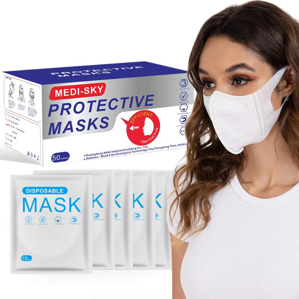 Medi-sky 3D Disposable Face Mask for Adults, Elastic Cloth Ear Straps, 50pcs White