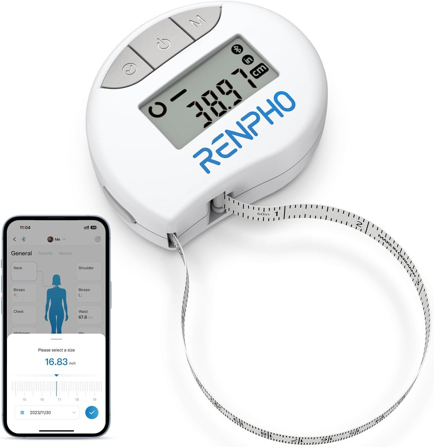 RENPHO Bluetooth Body Measuring Tape, 60in/150cm, White