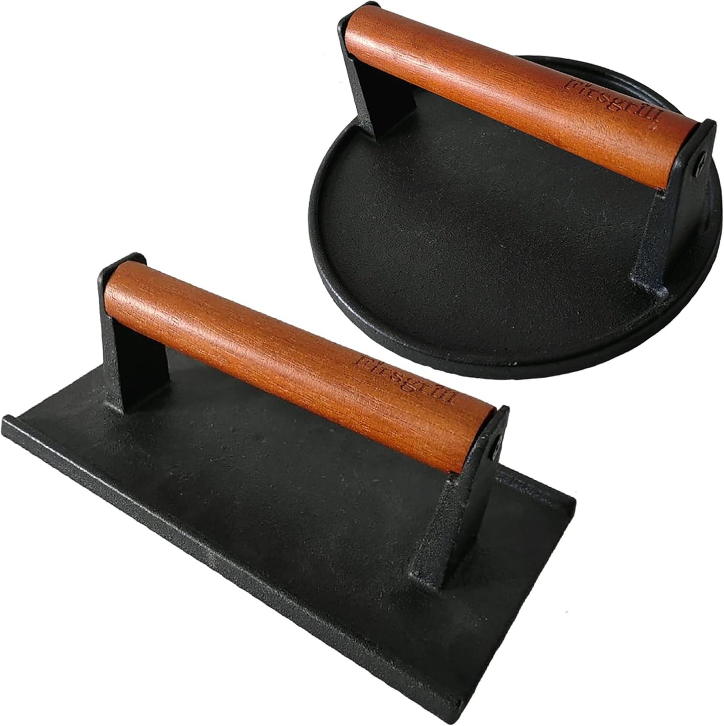 Firsgrill Burger Press 7.08" Round & 8.3”X4.3”Rectangle Heavy-Duty Cast Iron Smash Meat Steak with Wood Handle for Blackstone Camp Chef Pitboss Weber Treager Griddle (Round & Rectangle w Flat Bottom)