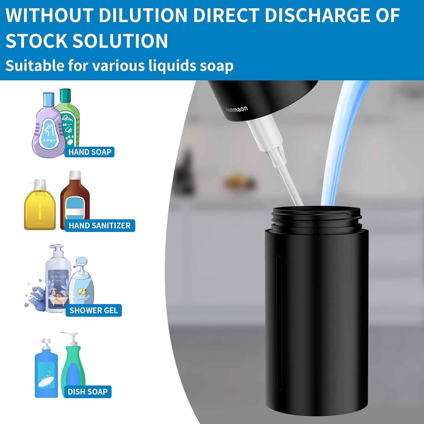 Aunmaon Automatic Soap Dispenser Touchless,15-Level,Kitchen Bath Black | Hands-Free,15-Level Dial Control,Thick & Thin Soap Compatible,Long Battery Life,Easy for Toddlers,Wall Mountable