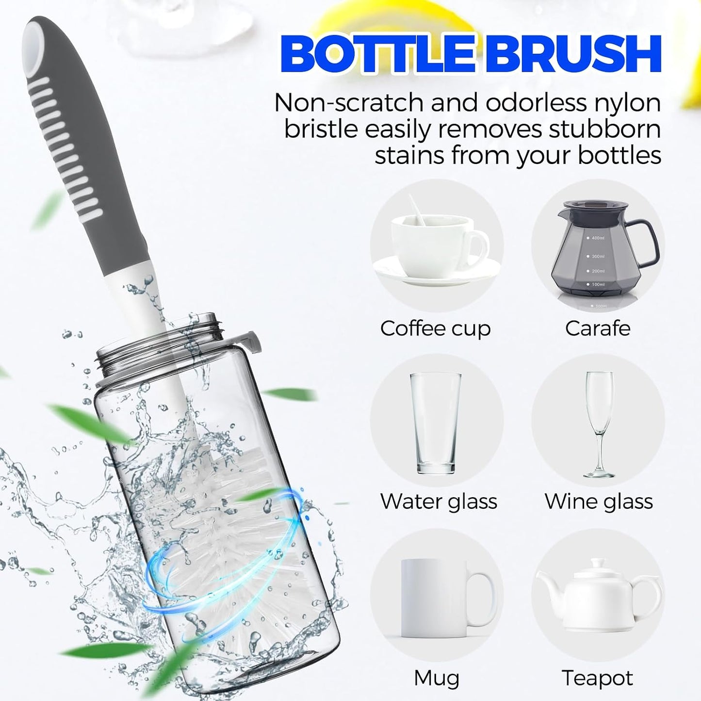 Holikme 6 Pack Dish Brush Set with Bottle Brush, Dish Scrub Brush,Gray | Pan Brush and 3 Straw Brushes, Deep Cleaning Handle Brush with Scraper Tip for Kitchen Sink Dishes Bottle Cup Pot and Pans