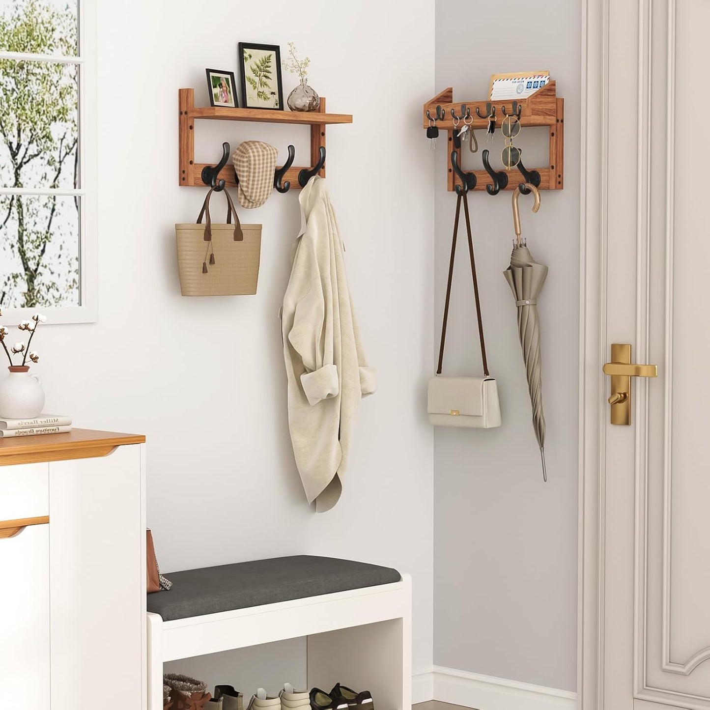Evermagin 29" Coat Rack Wall Mount with Shelf, 4 in 1 Wall Mounted Coat and Key Hanger with 11 Hooks, Entryway Key Holder with Mail Holder for Living Room, Bedroom