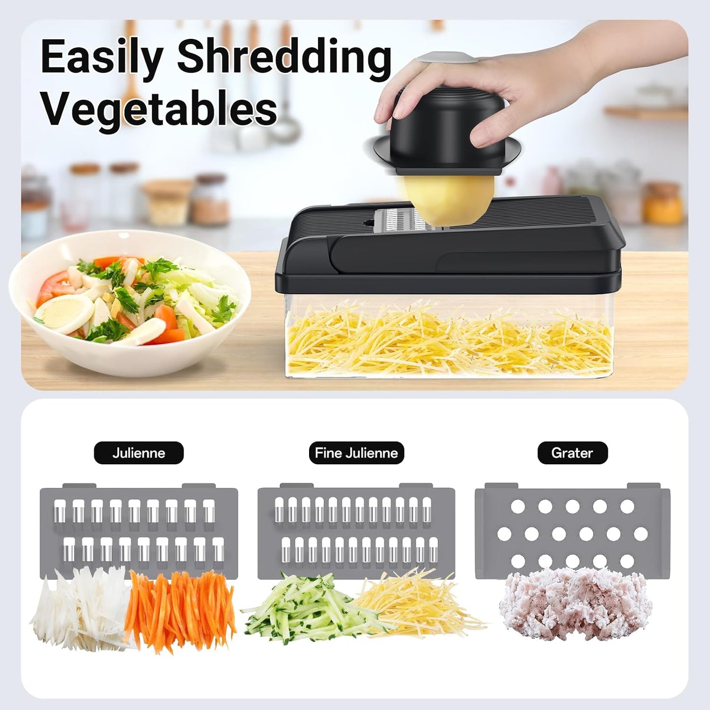 12-in-1 Vegetable Chopper with 7 Blades, Food Veggie Cutter, Mandoline Gray | Includes Egg Separator, Food Container and Finger Guard, Non-slip Base, for Chopping, Slicing, Shredding, and Mincing