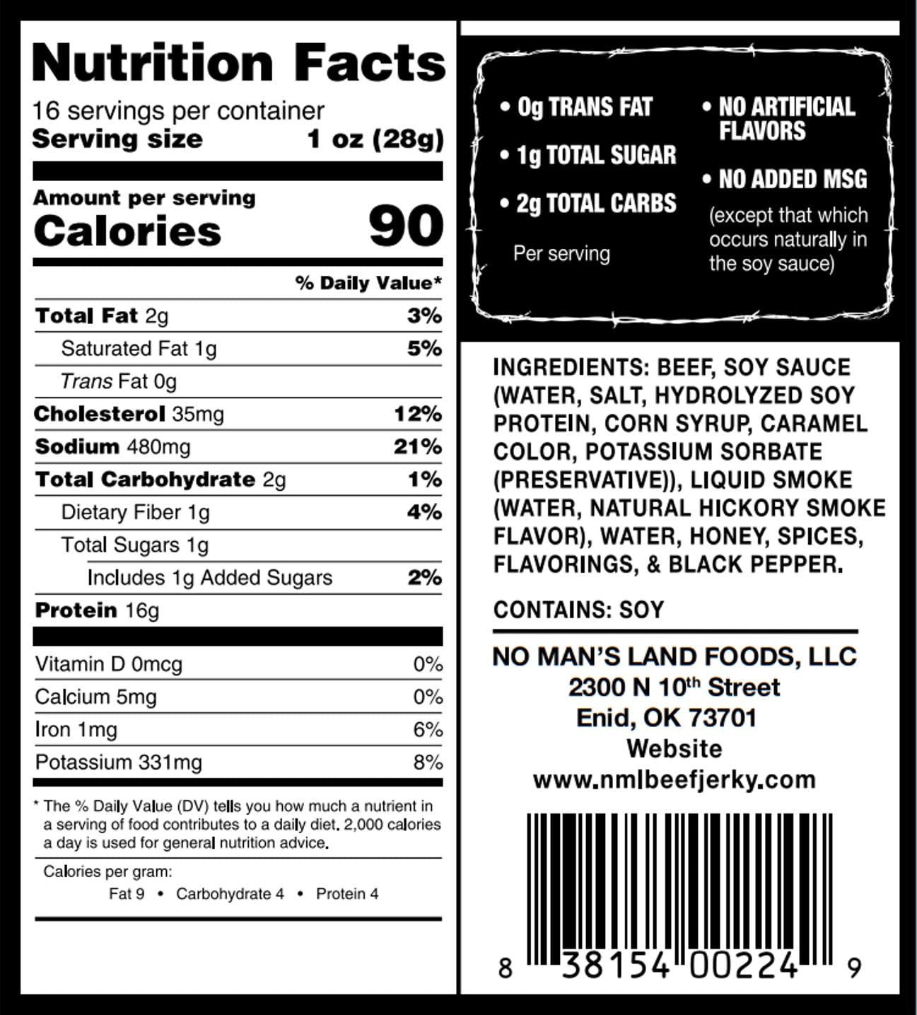 No Man's Land Beef Jerky, Fajita Lime Flavor, 16oz, Pack of 1