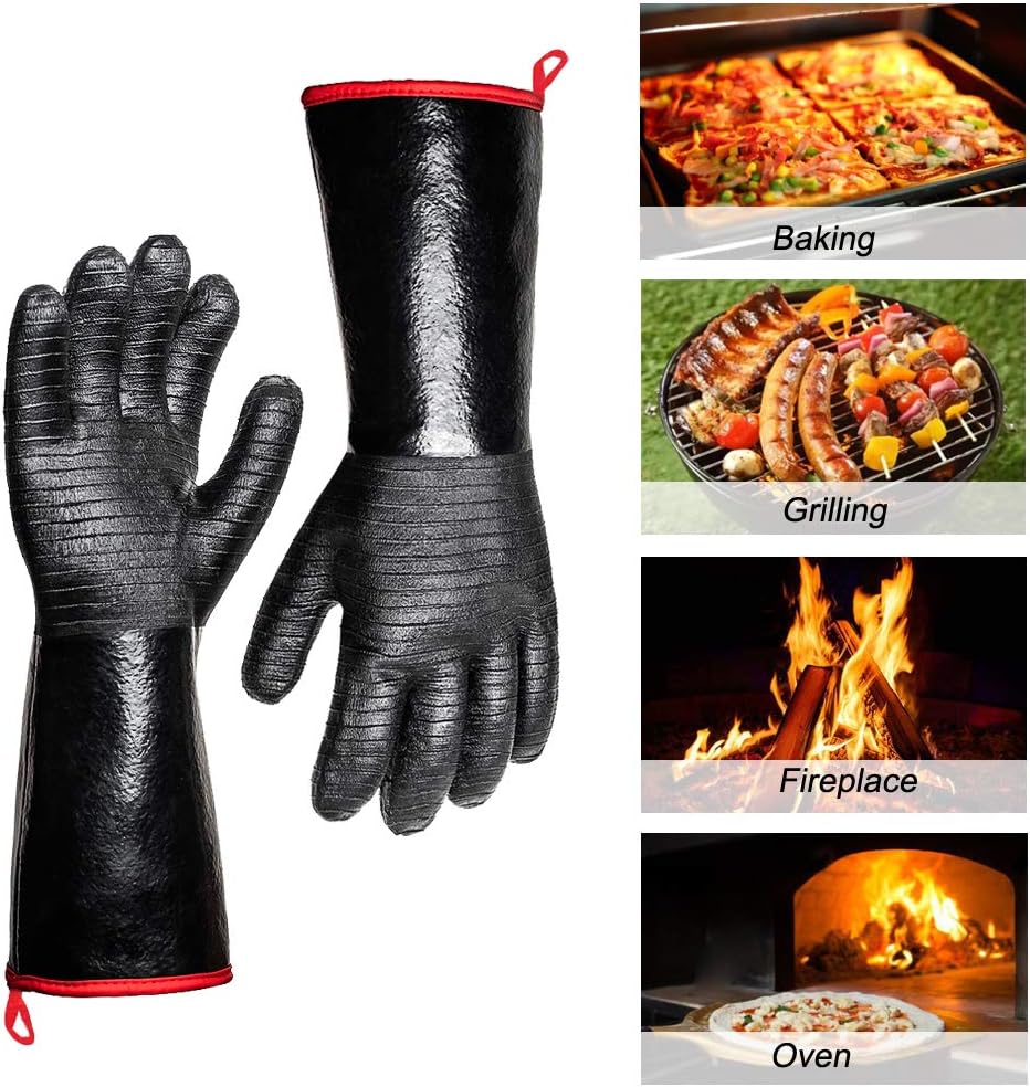 932°F Extreme Heat Resistant Gloves for Grill BBQ,Aillary Waterproof Long Sleeve Pit Grill Gloves for Fryer, Baking, Oven,Smoker,Fireproof, Oil Resistant Neoprene Coating(14-Inch )