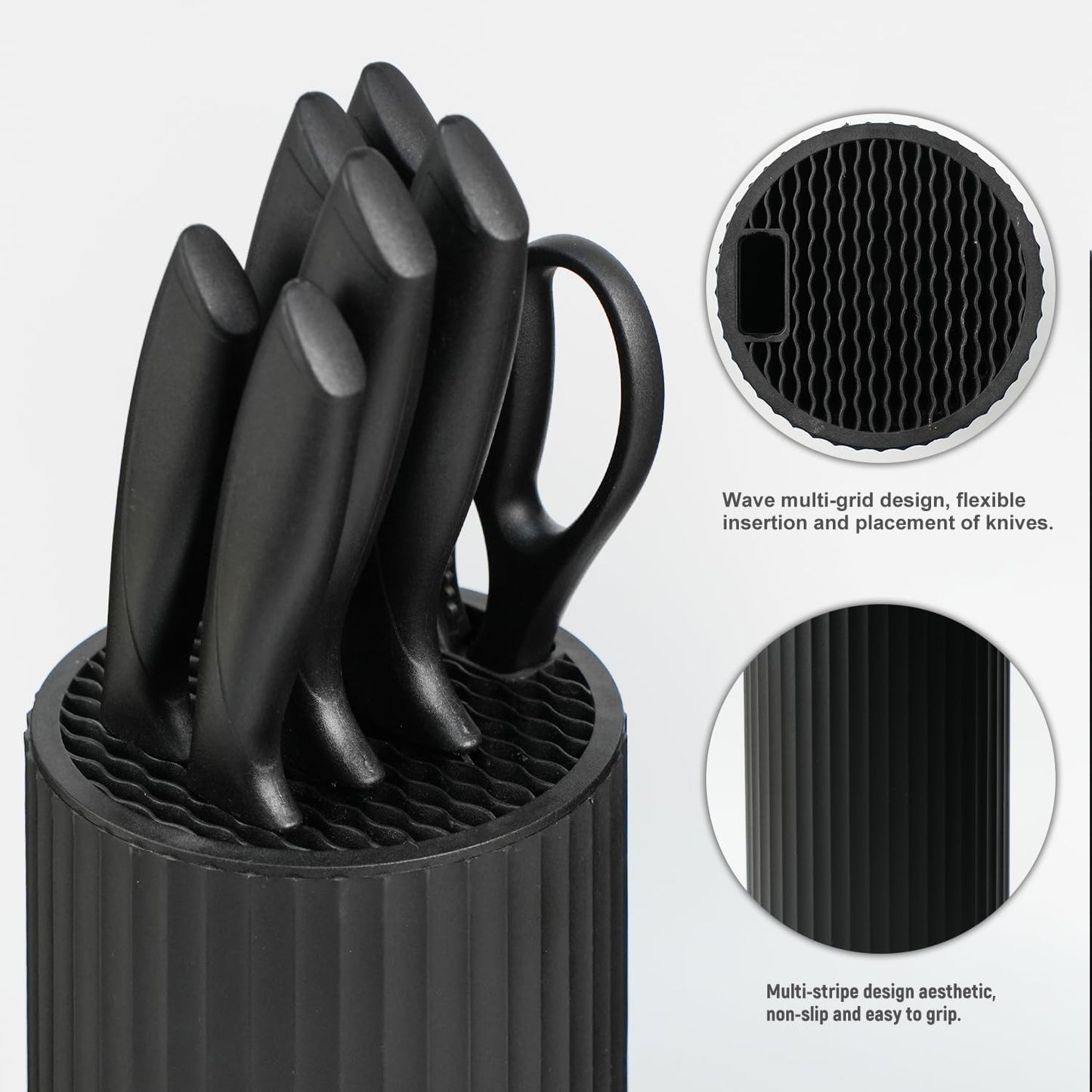 Knife Set, 8-Piece Kitchen Knife Set with Universal Block - Anti-Rust Chef Knives, Ergonomic Design, Dishwasher Safe (Black)