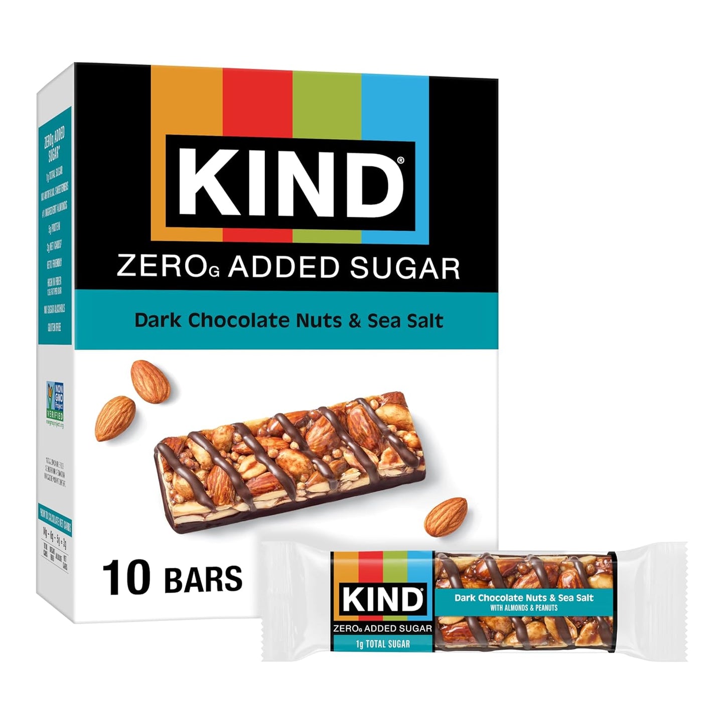 Kind Zero Added Sugar Bars, Dark Chocolate Nuts & Sea Salt, Gluten Free, High Fiber, 10 Count