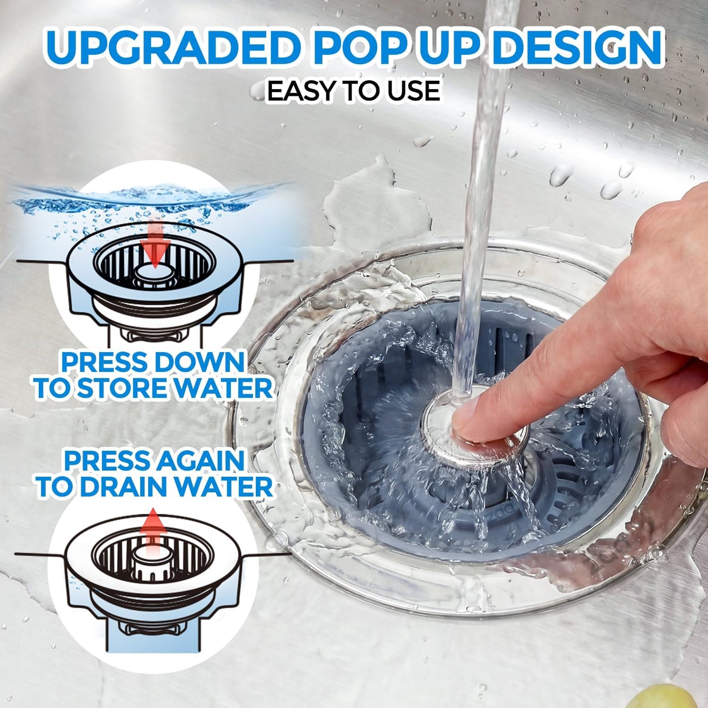 zaa 3 in 1 Kitchen Sink Drain Strainer Stopper Removable Basket Pop-Up | Kitchen Sink Accessories 1 Pack Silver Stainless - Food Catcher, Odor-Blocking Seal, Fits 3.5" Drain, Easy Clean