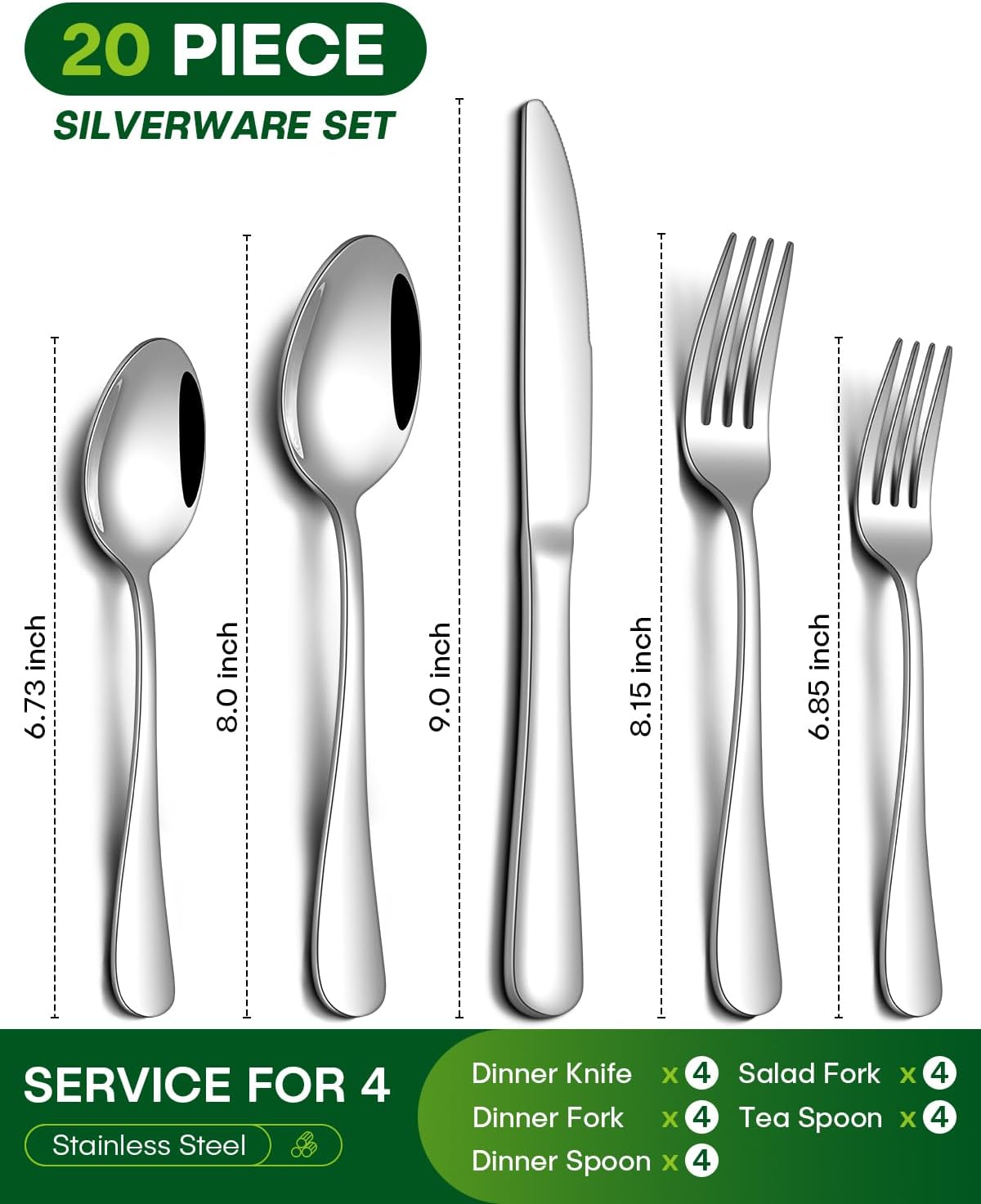 PHILIPALA 20 Piece Silverware Set, Stainless Steel Flatware Set for 4 Food Grade Novelty Flatware Cutlery Utensil Set Include Knife Fork Spoon Mirror Polished Dishwasher Safe