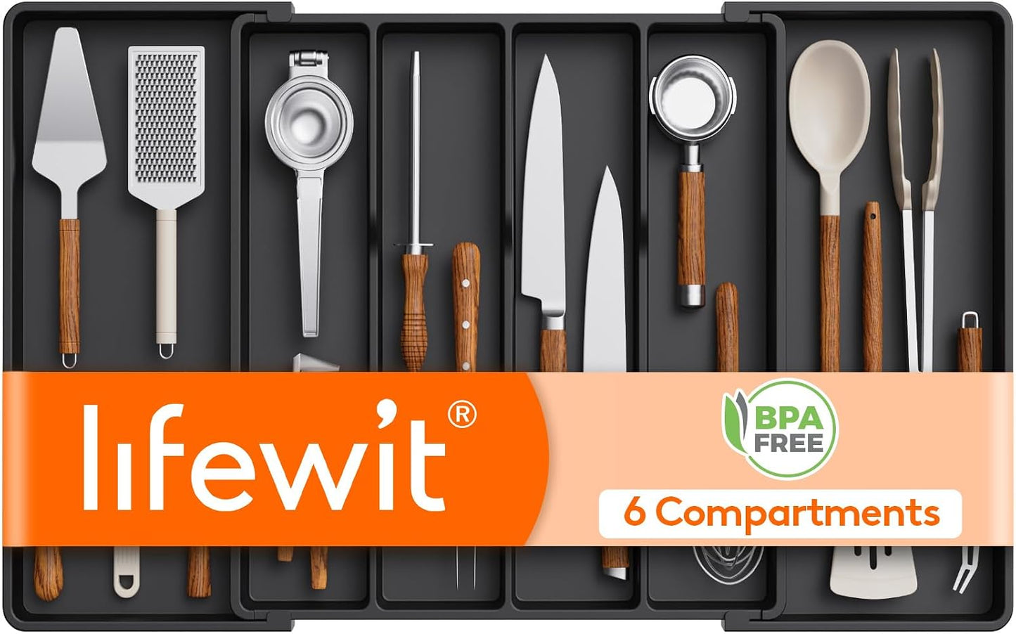 Lifewit Utensil Organizer for Kitchen Drawers, Expandable Cooking Utensil Tray, Adjustable Cutlery Silverware Flatware Holder, Plastic Spatula Tools Storage Divider, 13-22 x 15", Black