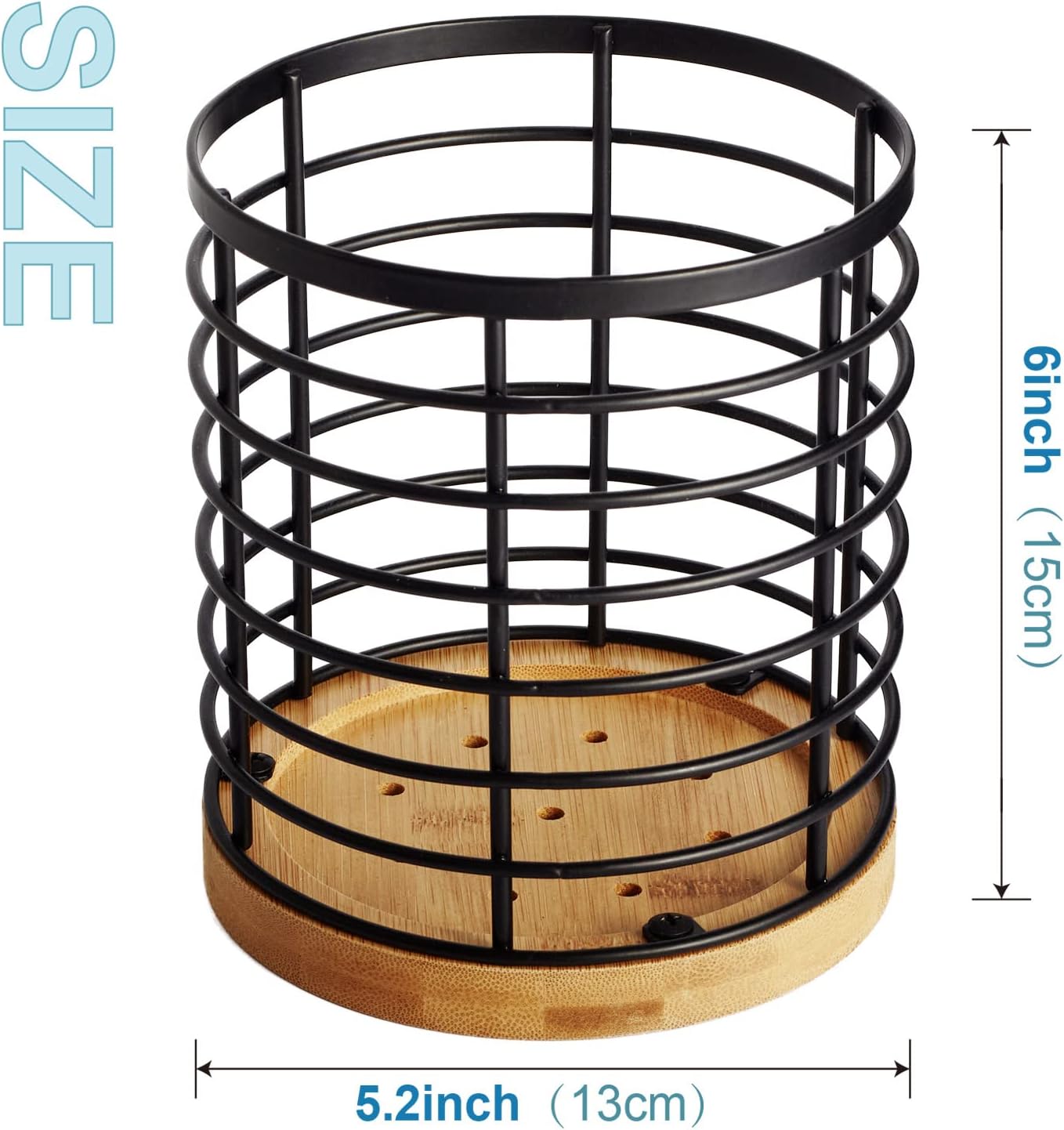 WDT Tool Utensil holder for Kitchen Counter - 5.2" x 5.2" x 6" Large Round with Wooden Base Matte Black Cooking Utensil Holder Utensil Organizer (Metal+Bamboo)