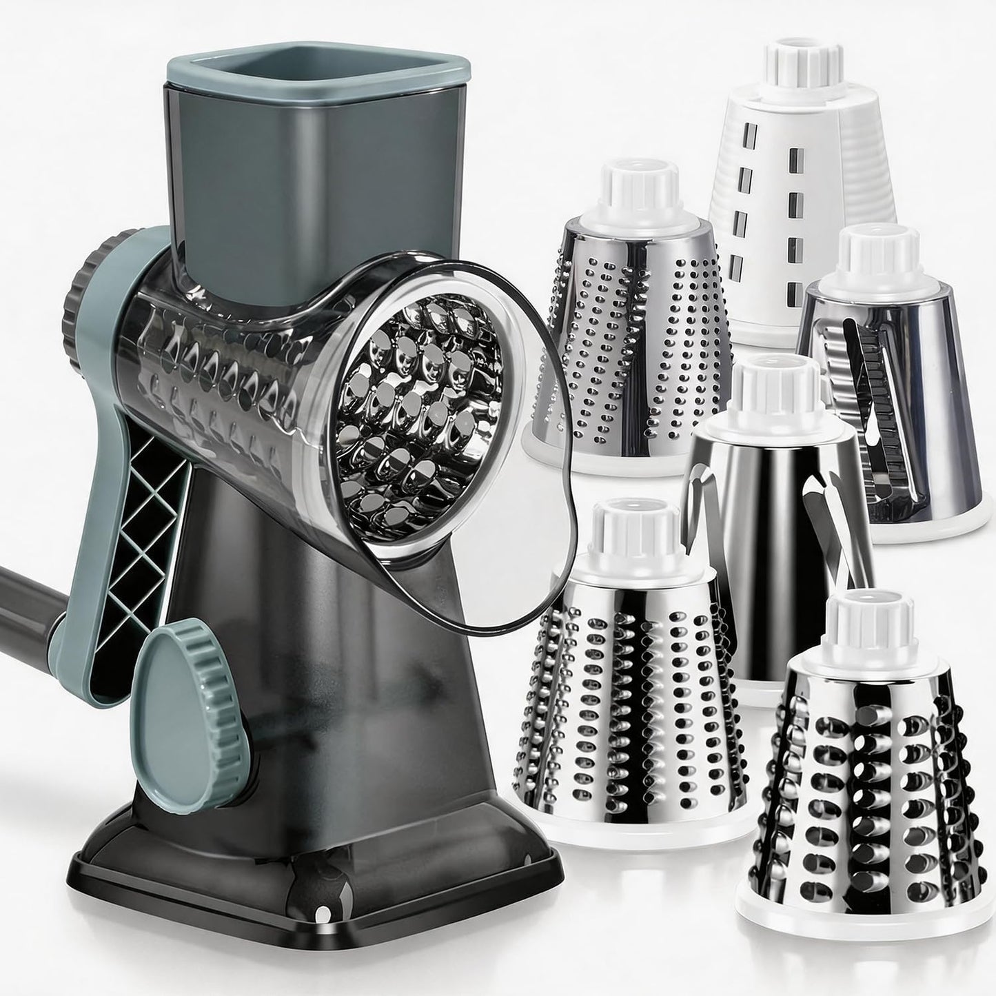 KEOUKE Rotary Cheese Grater Hand Crank Transparent - Shredder Slicer Grinder 3 Stainless Steel Blades, Stable Suction, Labor-Saving Handle, Safe Kitchen Tool for Cheese, Vegetable, Nuts, Chocolate
