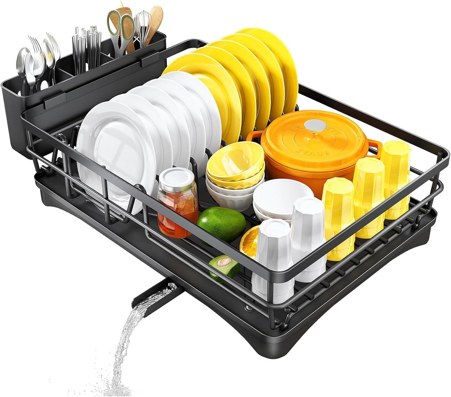 SNTD Dish Drying Rack for Kitchen Counter, 11.8" W x 16.7" L, Black | Rustproof Stainless Steel, Large Capacity, Angled Drainboard for Quick Drainage, Rotating Spout, Removable Utensil Holder