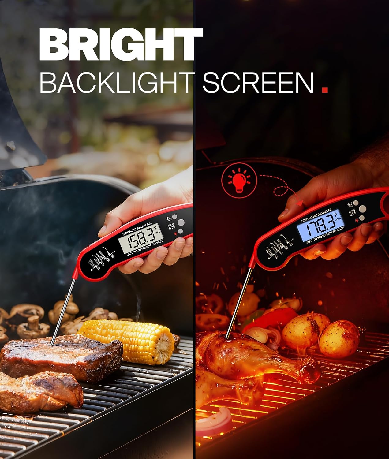 Meat Thermometer Digital, 1-2 Sec Instant Read, Food, Cooking, Grill | Bright Backlit Display, Waterproof for Air Fryer, Smoker, Candy, Kitchen Gadgets, BBQ Essentials, Gift for Men Husband, Red