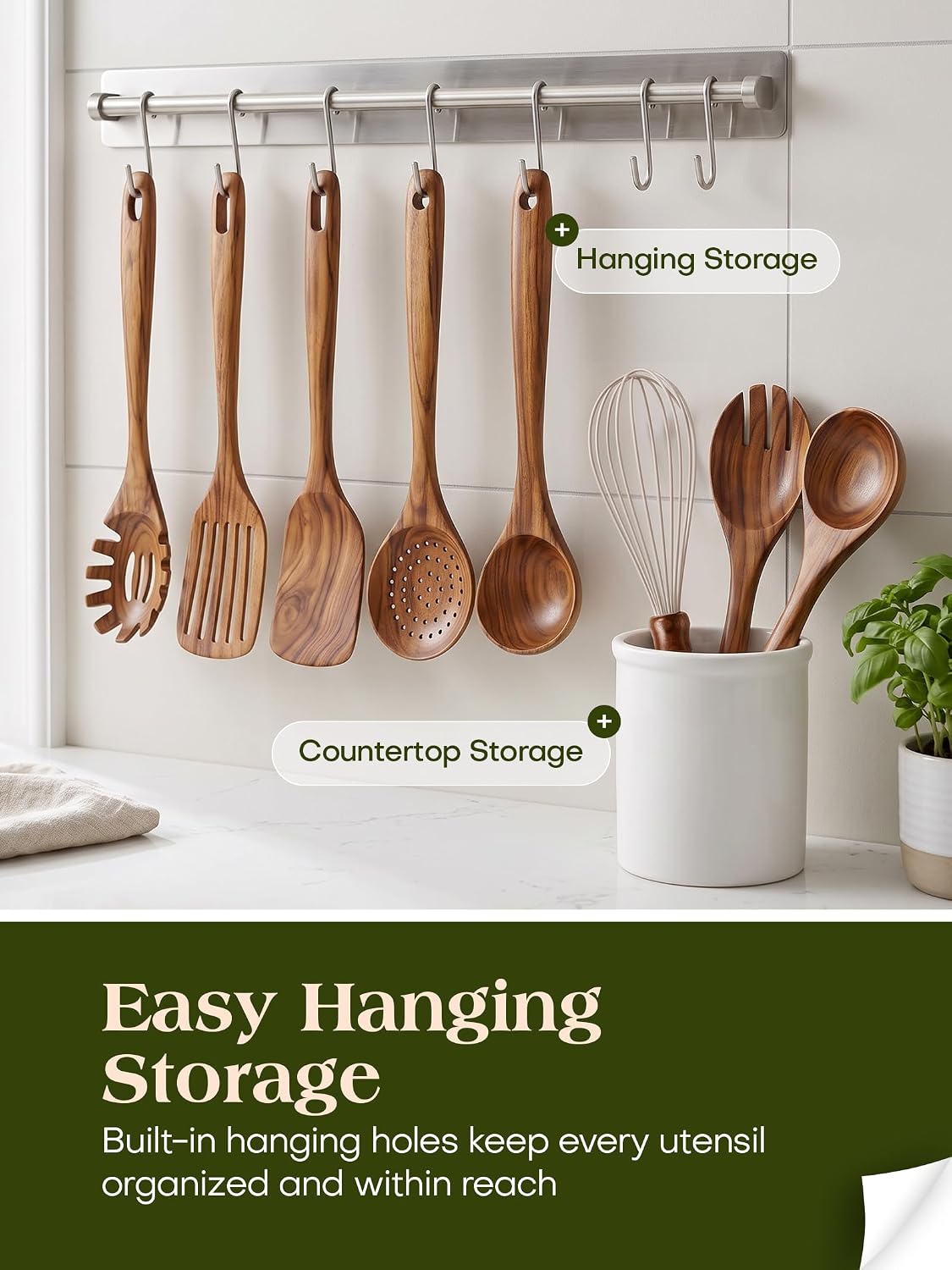 10 Pack Wooden Utensils for Cooking, Wood Utensil Set for Kitchen, Teak Wooden Spoon for Cooking, Non-Stick Spatula Ladle