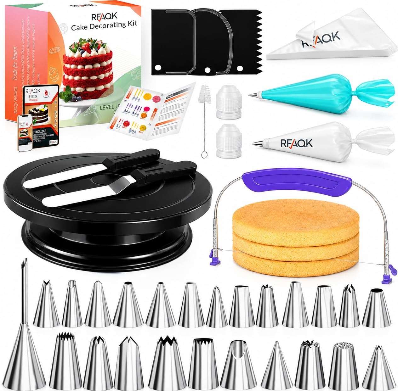 RFAQK 90PCs Cake Decorating Kit for Beginners, Baking Supplies Includes Cake Turntable, Cake Leveler, 24 Icing Piping Tips, 56 Piping Bags, 2 Couplers, Spatulas, Scrapers, Video Course and Booklet