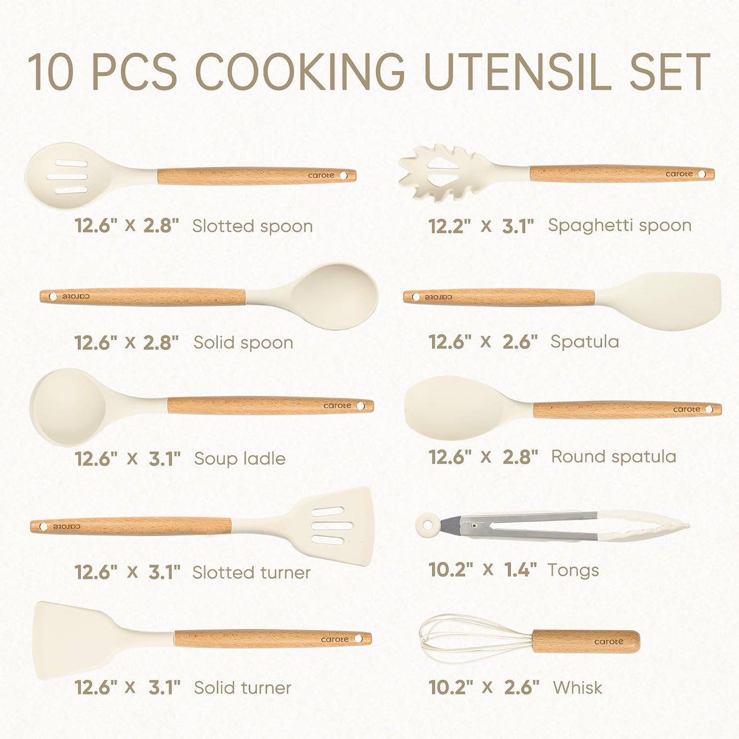 CAROTE 10-Piece Kitchen Utensils Set with Wood Cool-Touch Handles, Cream | Silicone Cooking Utensil, Food Grade, Nonstick Cookware Friendly, BPA-Free, Heat-Resistant, Everyday Home Essentials, Gifts