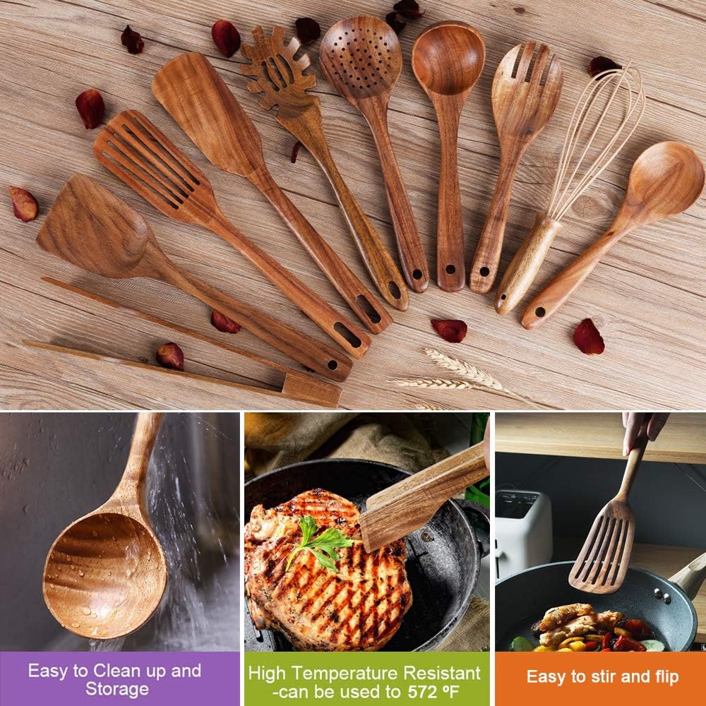 AIUHI 11-Piece Natural Teak Wood Kitchen Utensil Set with Holder, Wooden Spoons and Cooking Utensils for Nonstick Cookware, Includes Spatulas, Ladle and Whisk