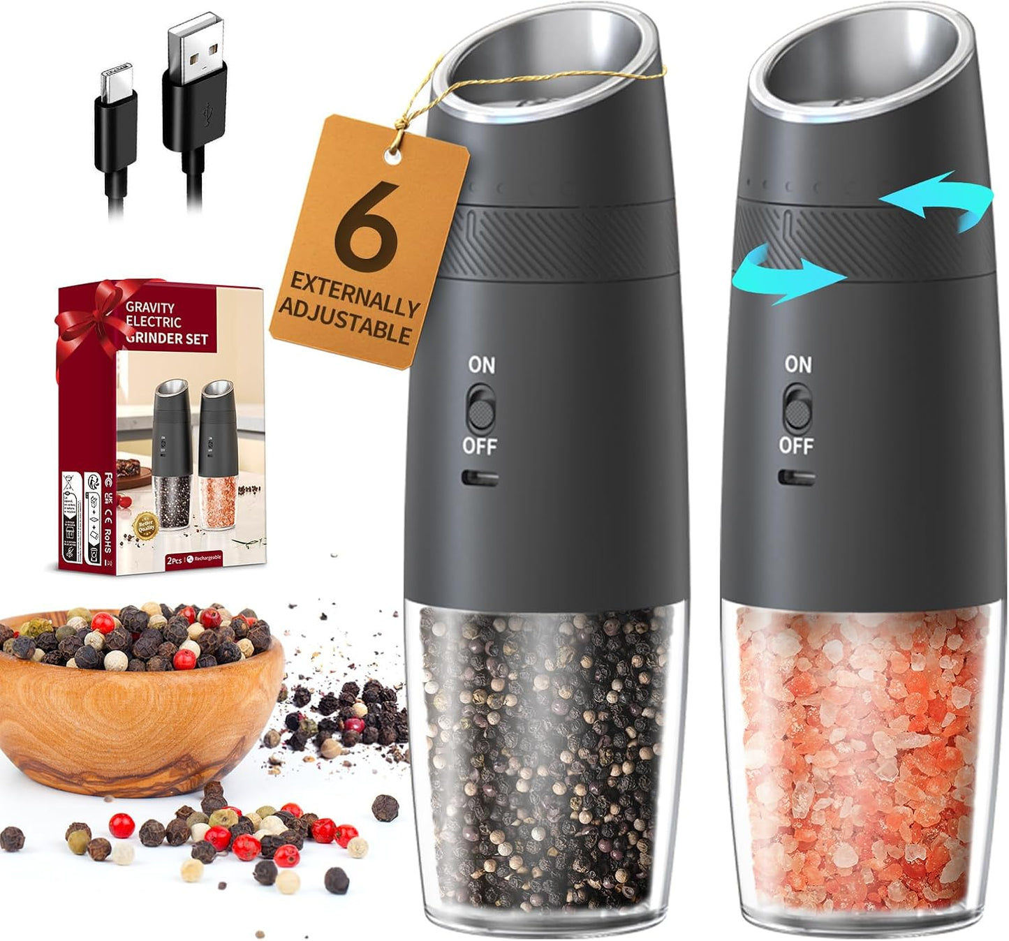 CIRCLE JOY Gravity Electric Salt and Pepper Grinder Set Automatic Salt and Pepper Grinder Set with LED Light, Battery Operated, Adjustable Coarseness, Large Capacity, for Home Kitchen BBQ, Black