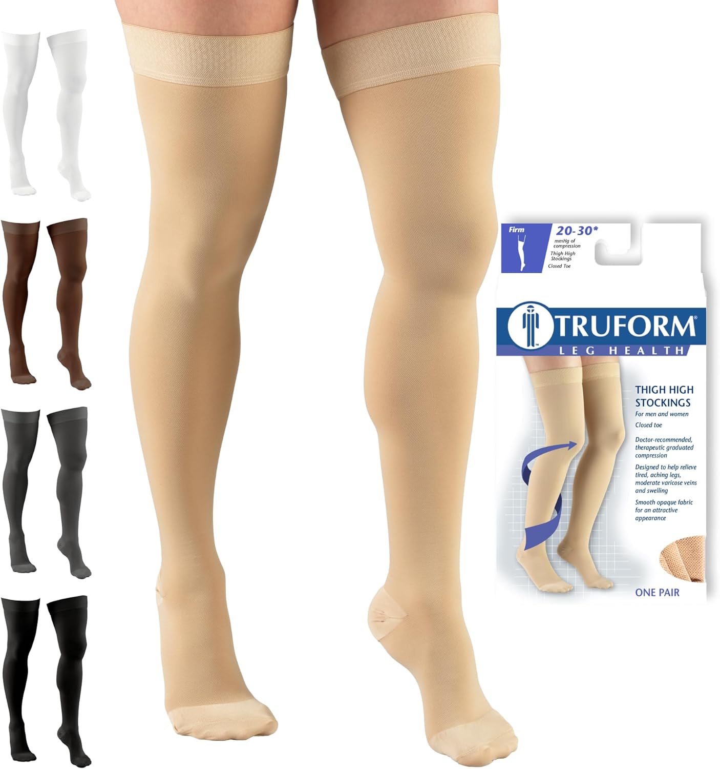 Truform 20-30 mmHg Compression Stockings, Thigh High, Beige, Large, Unisex