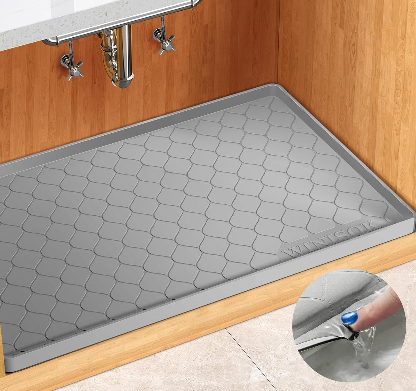 Winisok Waterproof Under Sink Mat 34" x 22", Silicone Mat, Black | Raised Edge Traps Spills & Leaks, Shelf Liner, Cabinet Protector, for Kitchen, Bathroom, Boots, Pets, Home Essentials