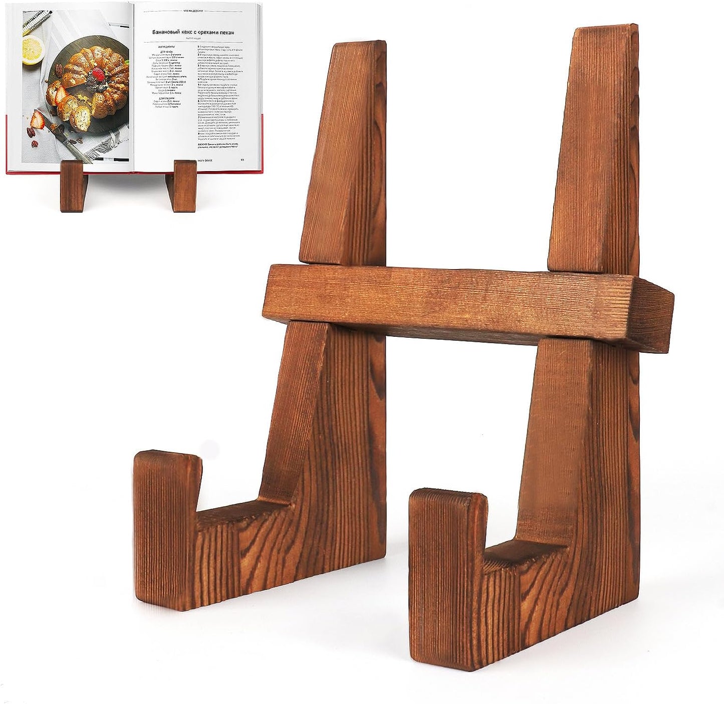 DEBETOOL 8.8" Wooden Cookbook Stand for Kitchen Counter, Rustic Brown | Multifunctional Recipe Book Holder & Tablet Stand for Desktop Reading