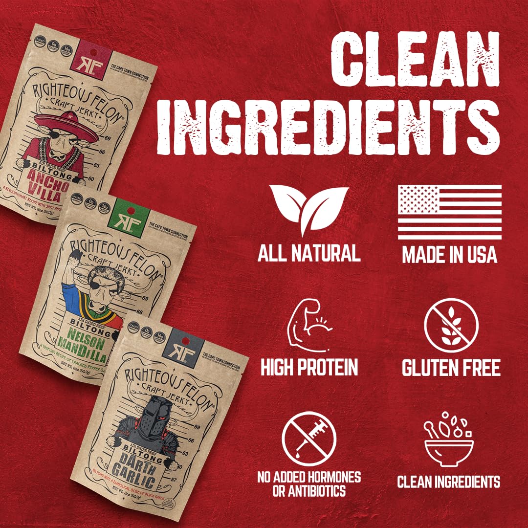 Righteous Felon Biltong Beef Jerky Variety Pack with 3 Flavors