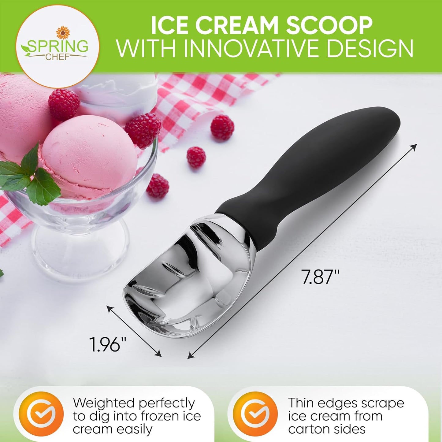 Spring Chef Heavy Duty Metal Ice Cream Scoop with Soft Grip Handle, Black | Professional Ice Cream Scooper for Kitchen, Dishwasher Safe Ice Cream Spoon for Gelato, Sorbet, Cookie Dough, Sundae, Melon