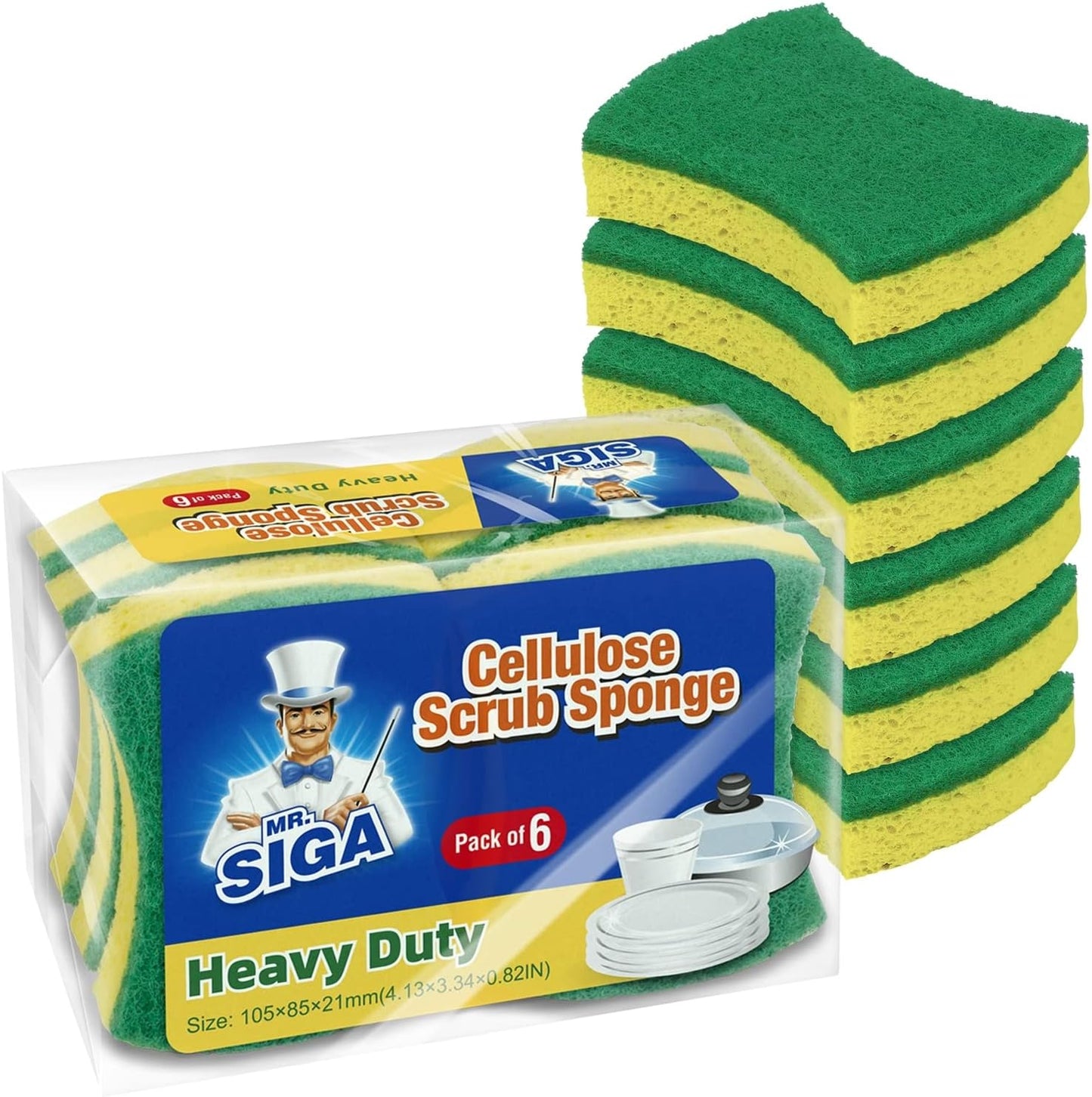 MR.SIGA Non-Scratch Cellulose Scrub Sponge, Dual-Sided Dish Sponge, 12 Pack | Dishwashing sponge for non stick cookware, scratch free dish sponges, kitchen sponges, cellulose sponges, sponges for dishes