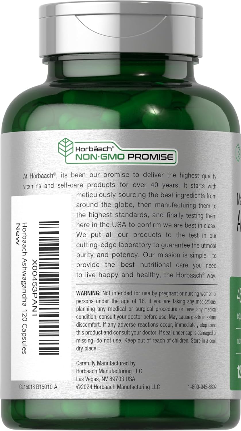 Horbäach Ashwagandha Supplement Max Strength 120 Capsules Non-GMO Gluten Free