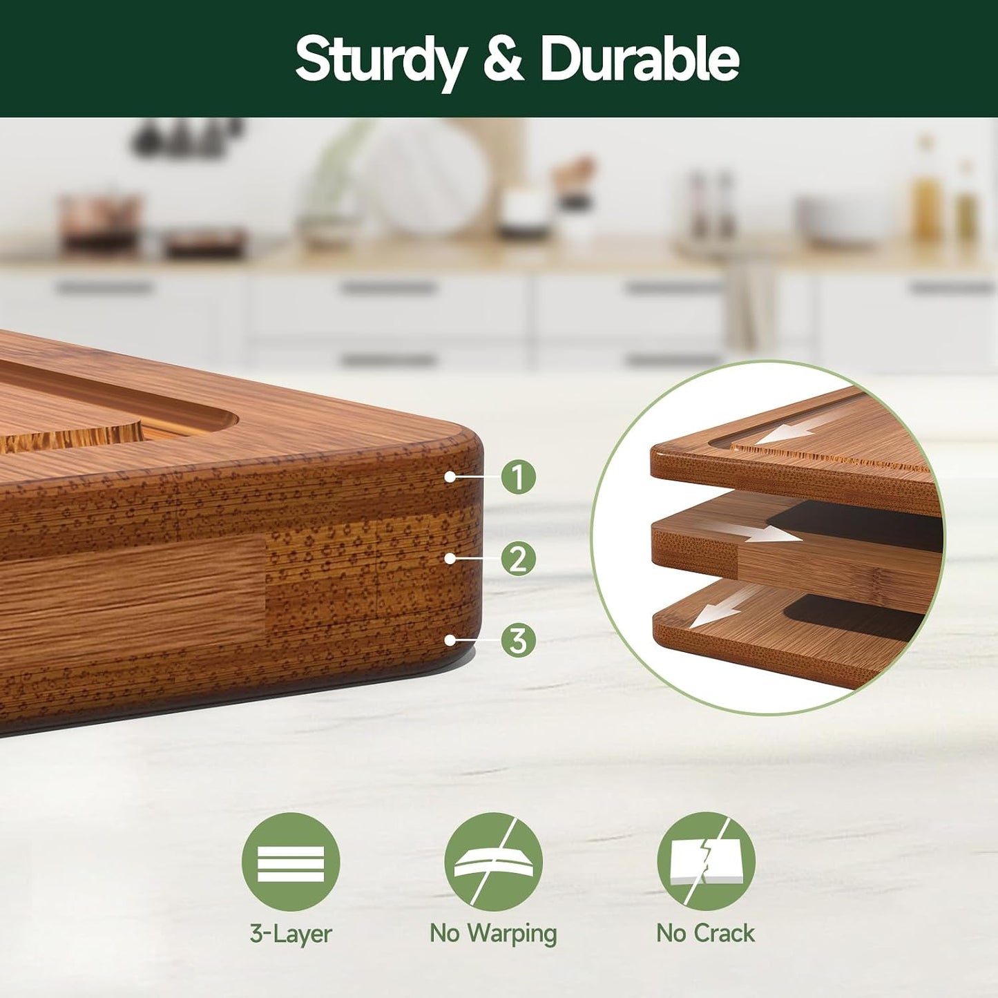 3-Piece Set Deep-Carbonized Bamboo Cutting Board for Kitchen - Crack-Resistant Wood Chopping Boards with Deep Juice Grooves, Pre-Oiled Butcher Block for Meat, Vegetables & Cheese, Carbonized