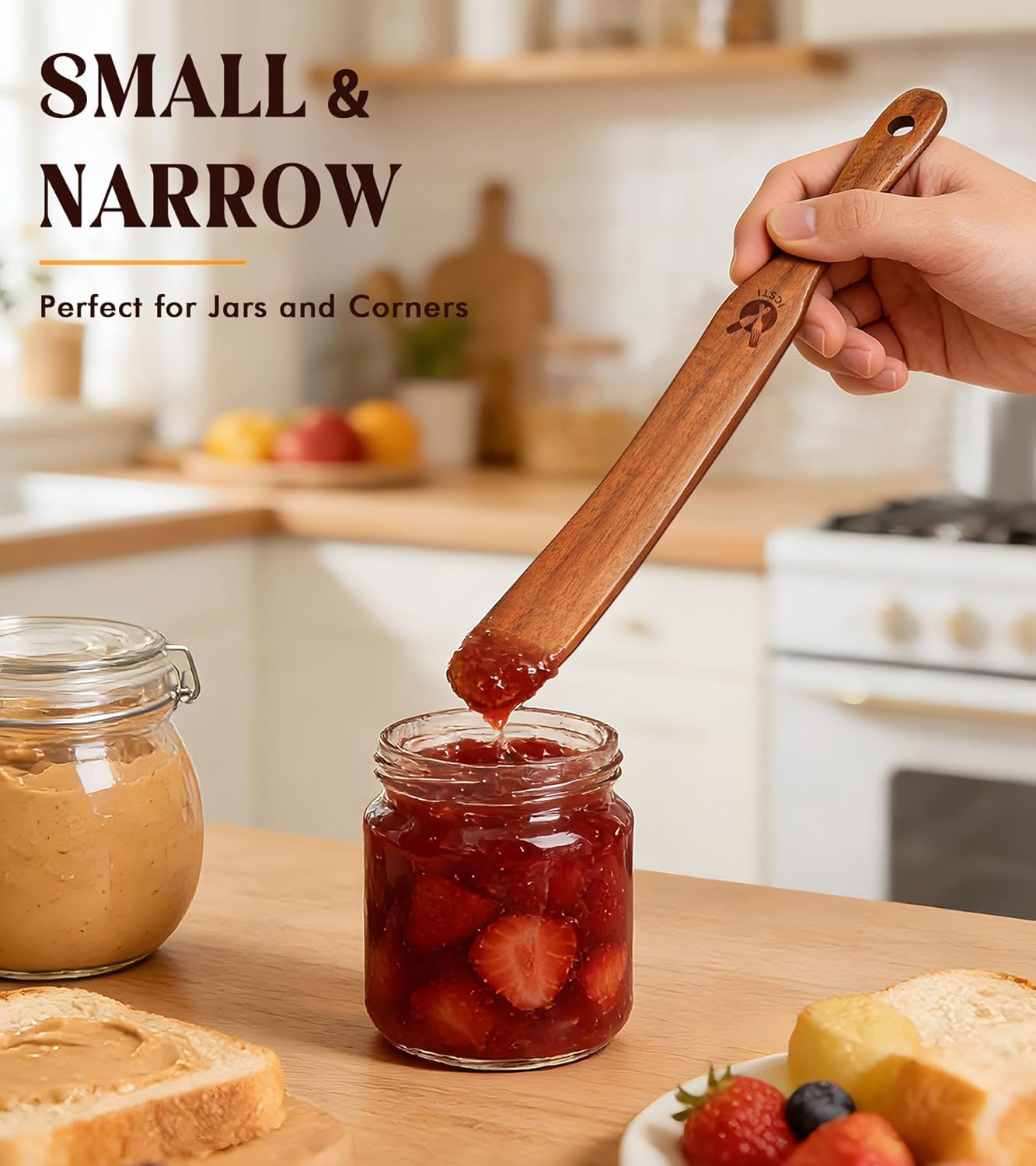 Skinny Spurtle for Sourdough Starter, Mixing, Reaching Bottom of Jar, Dough Whisk, Natural from High Moist Resistance Teak, Spurtles Kitchen Tools Wooden Kitchen Utensils for NonStick Cookware