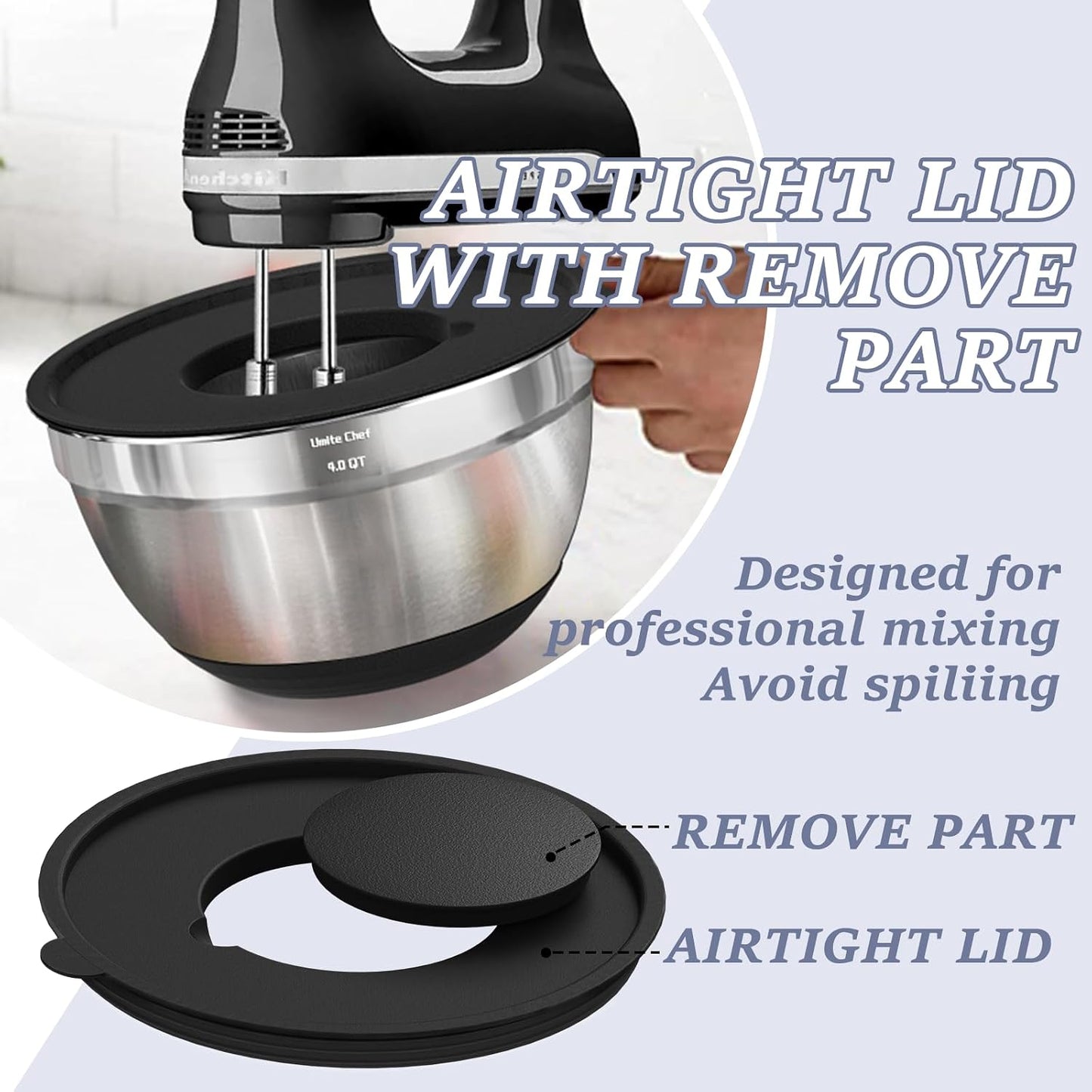 Umite Chef Mixing Bowls with Airtight Lids Set, 8PCS Stainless Steel Nesting Bowls Set, 3 Grater Attachments & Non-Slip Bottoms, Size 5, 4, 3.5, 2, 1.5QT for Baking & Mixing(Black)