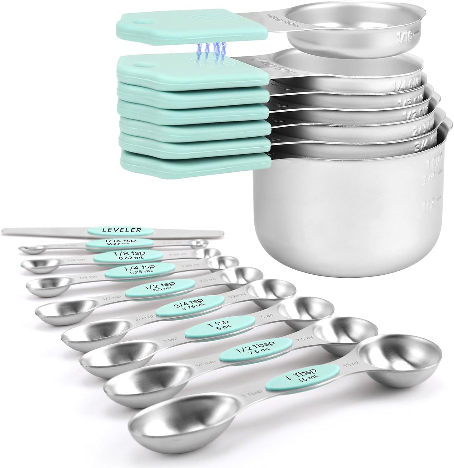 Magnetic Measuring Cups and Spoons Set-Heavy Duty 304 Stainless Steel,Double Measurement Markings,Set of 16 with Leveler for Measure Dry and Liquid Ingredients