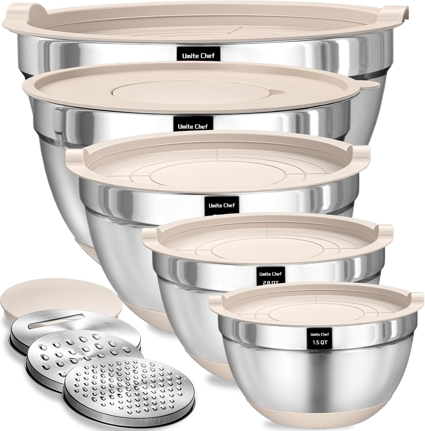 Umite Chef Mixing Bowls with Airtight Lids Set, 8PCS Stainless Steel Nesting Bowls with Grater Attachments, Non-Slip Bottoms, 5, 4, 3.5, 2, 1.5QT for Mixing & Serving