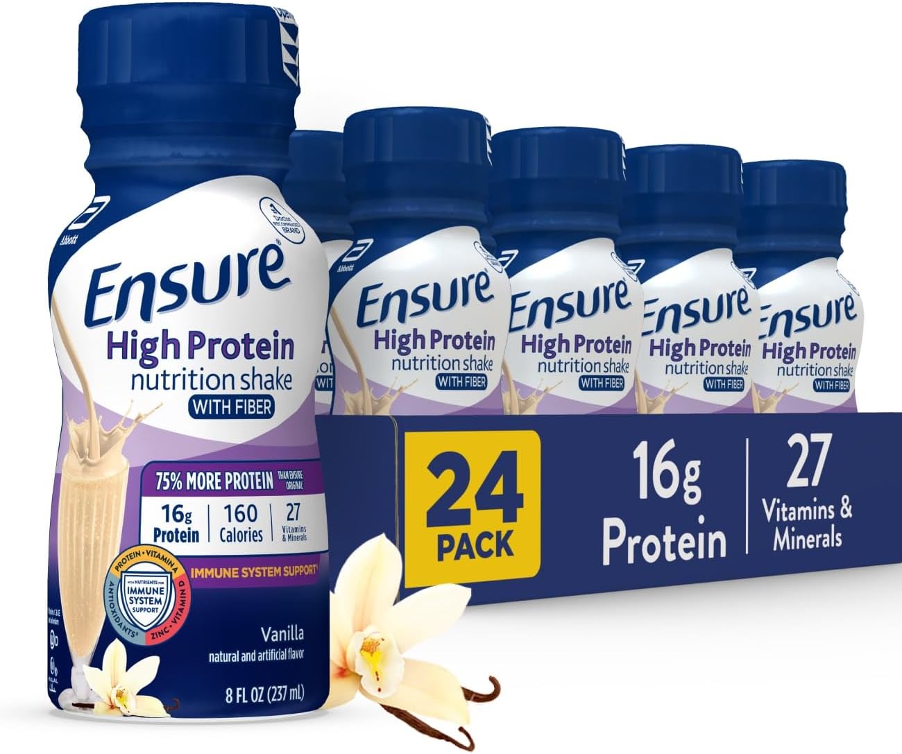 Ensure High Protein Bottled Milk Chocolate Nutrition Shake with Fiber, Ready to Drink, 16g Protein and 27 Vitamins and Minerals, 8 fl oz, 24 Pack