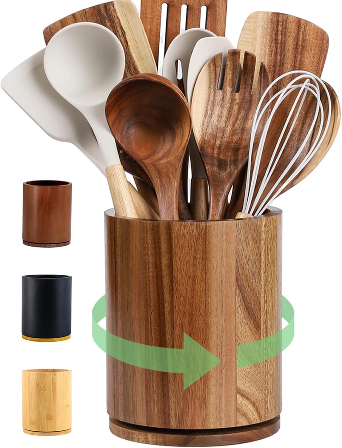 Acacia Wood Utensil Holder, 360° Rotating 7.3 in Kitchen Organizer | Rustic farmhouse countertop decor. Rotating base for easy access to spatulas, spoons, and cooking utensils. 7.3-inch capacity