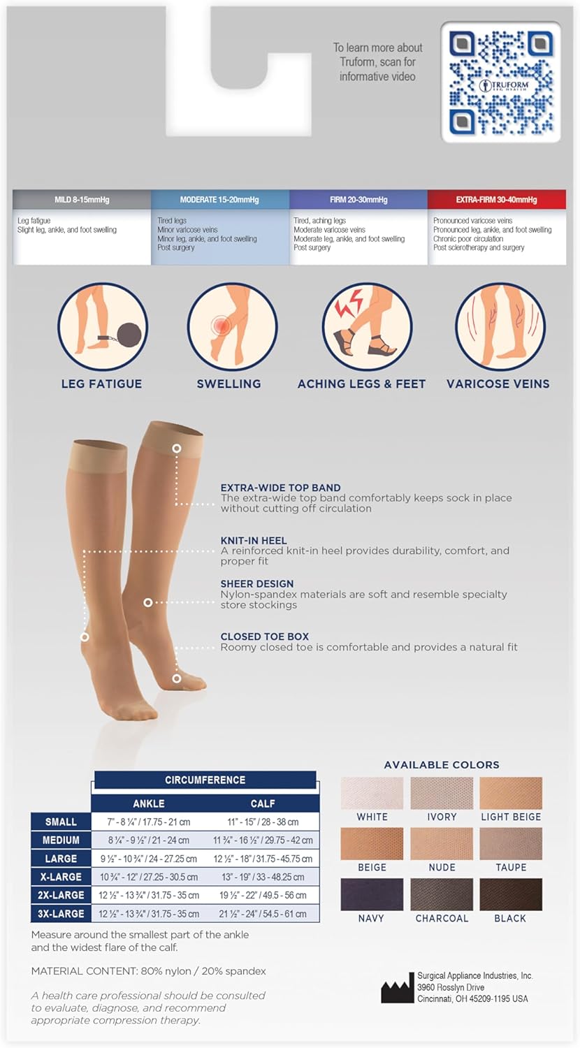 Truform 15-20 mmHg Women's Knee High Compression Stockings, 20 Denier, Nude, Medium