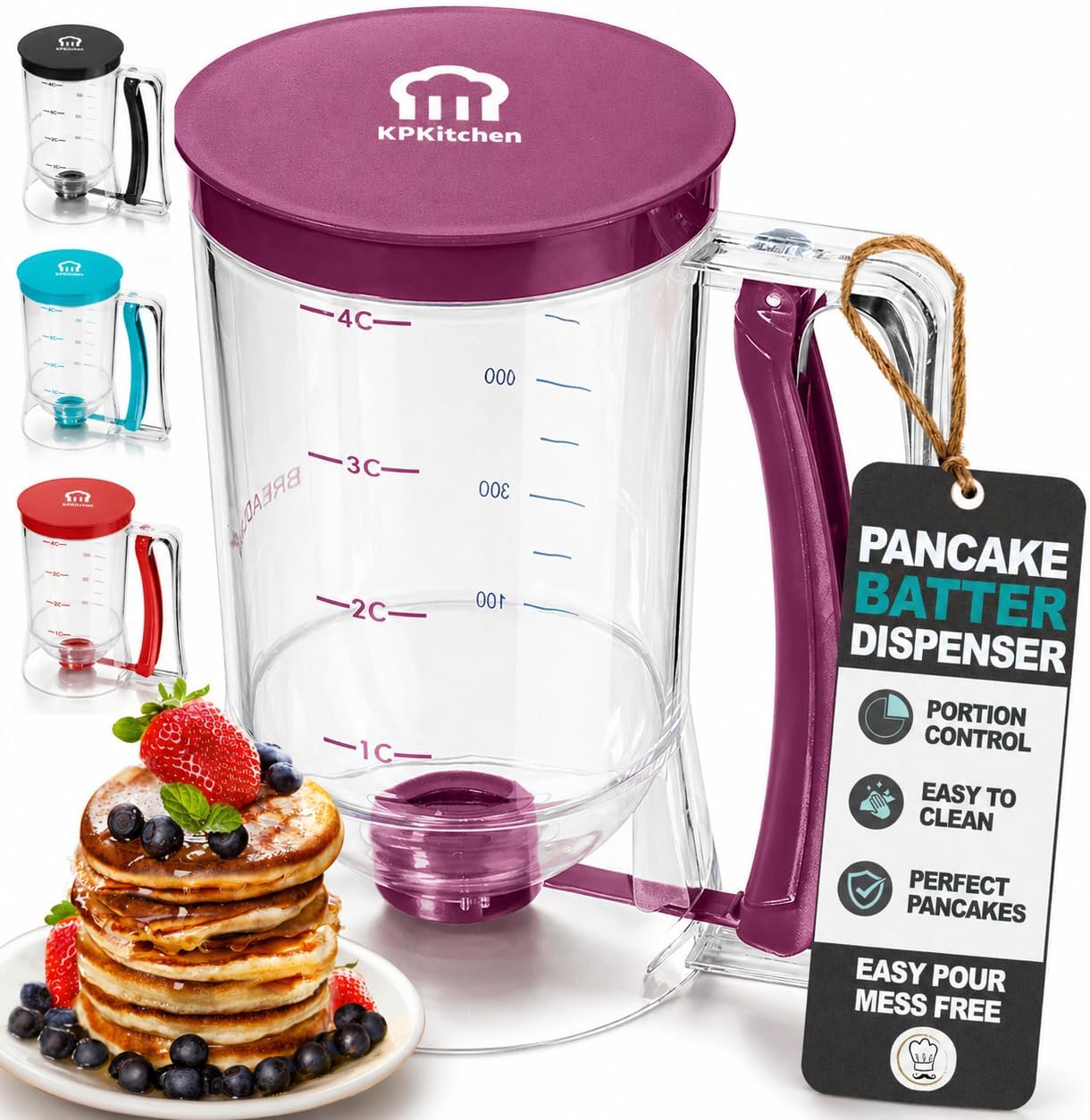 KPKitchen Pancake Batter Dispenser - Kitchen Must Have Tool for Perfect Pancakes, Cupcake, Waffle, Muffin Mix, Cake & Crepe - Baking Supplies for Griddle - Pancake Maker with Measuring Label (Purple)