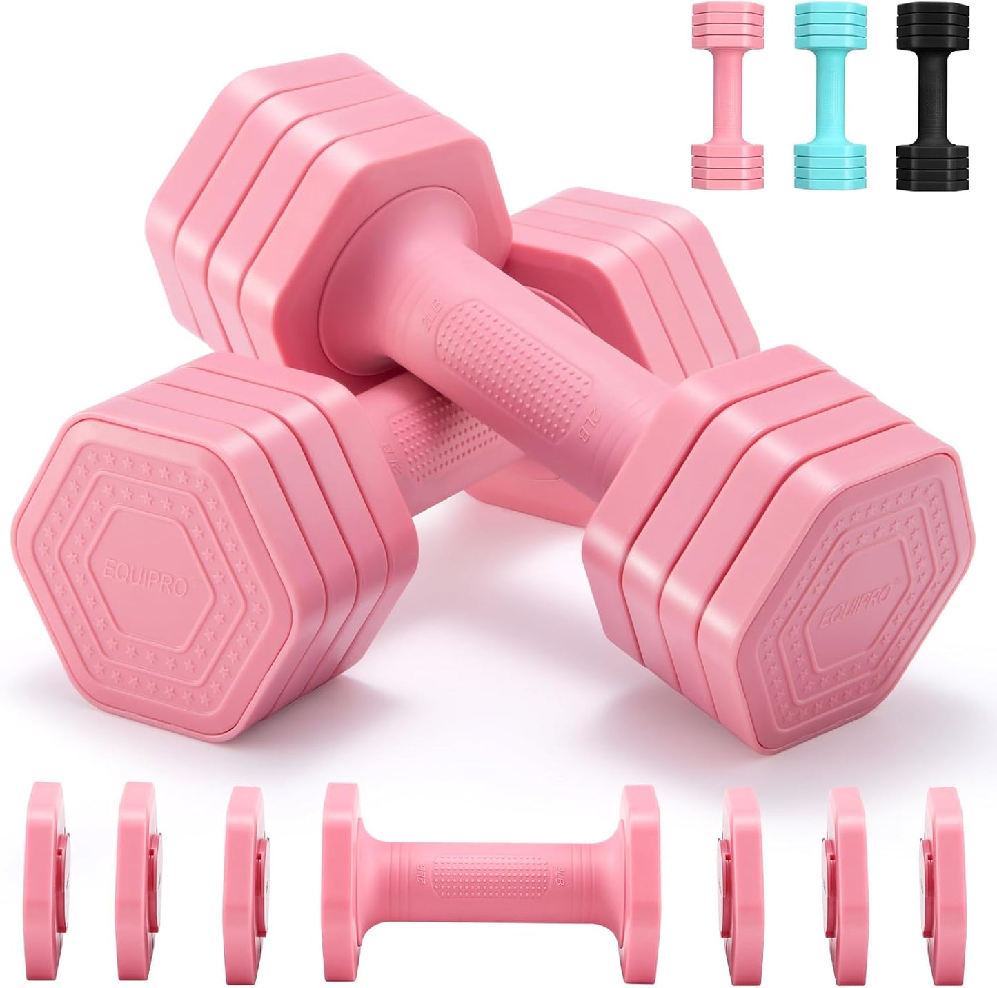 EQUIPRO Adjustable Dumbbell Set for Women, 2lb-5lb Free Weights with Soft Rubber Handle