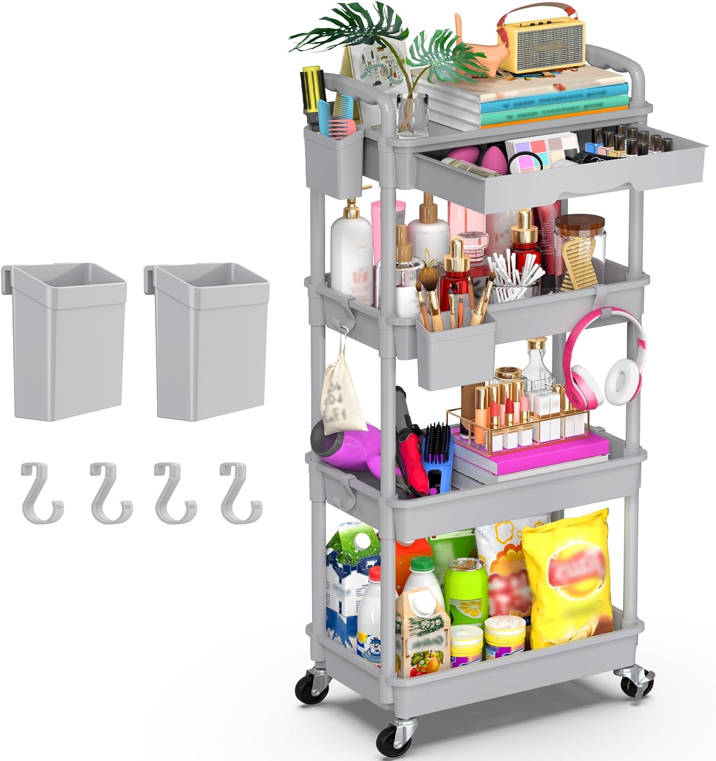 Goovilla 3 Tier Rolling Utility Cart Organizer with Removable Drawer, Black | Stable and Sturdy Rolling Storage Carts with 2 Lockable Wheels for Bathroom, Kitchen, Snack, Craft, Makeup, Baby Essentials