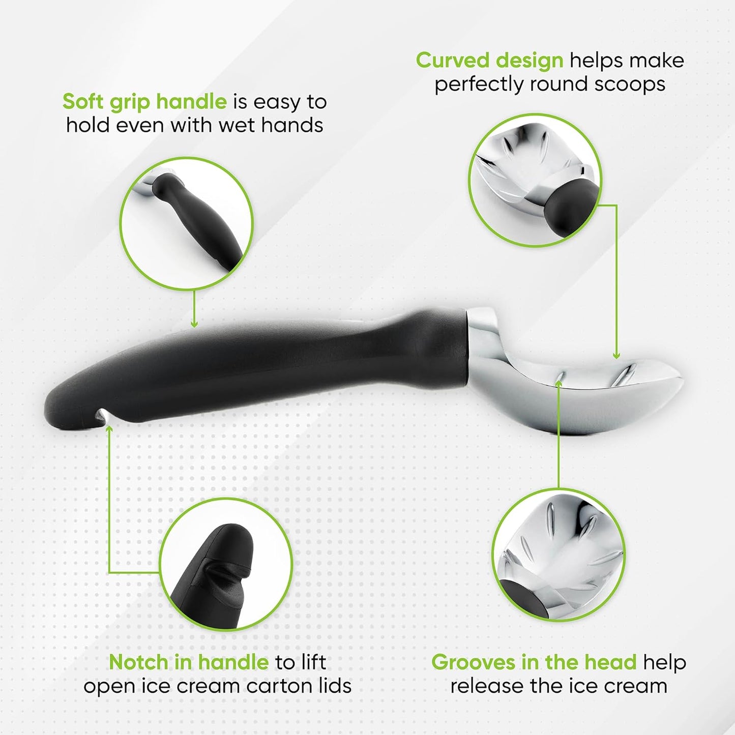 Spring Chef Heavy Duty Metal Ice Cream Scoop with Soft Grip Handle, Black | Professional Ice Cream Scooper for Kitchen, Dishwasher Safe Ice Cream Spoon for Gelato, Sorbet, Cookie Dough, Sundae, Melon