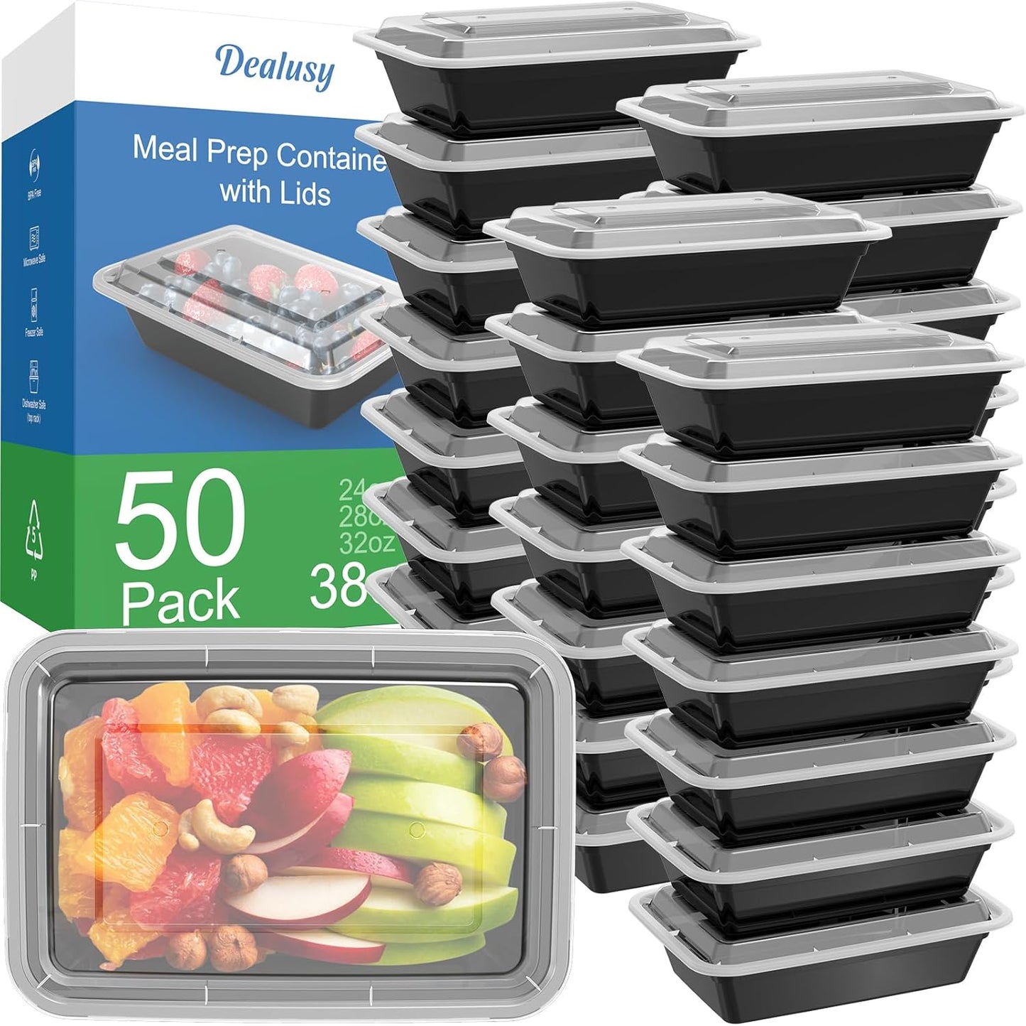 Dealusy 50 Pack (100-Piece) 24 oz Meal Prep Containers Reusable with Lids, Sturdy Leakproof & Food Safe, Microwave, Freezer, Dishwasher Safe Prep Containers, To Go Take Out Plastic Food Storage