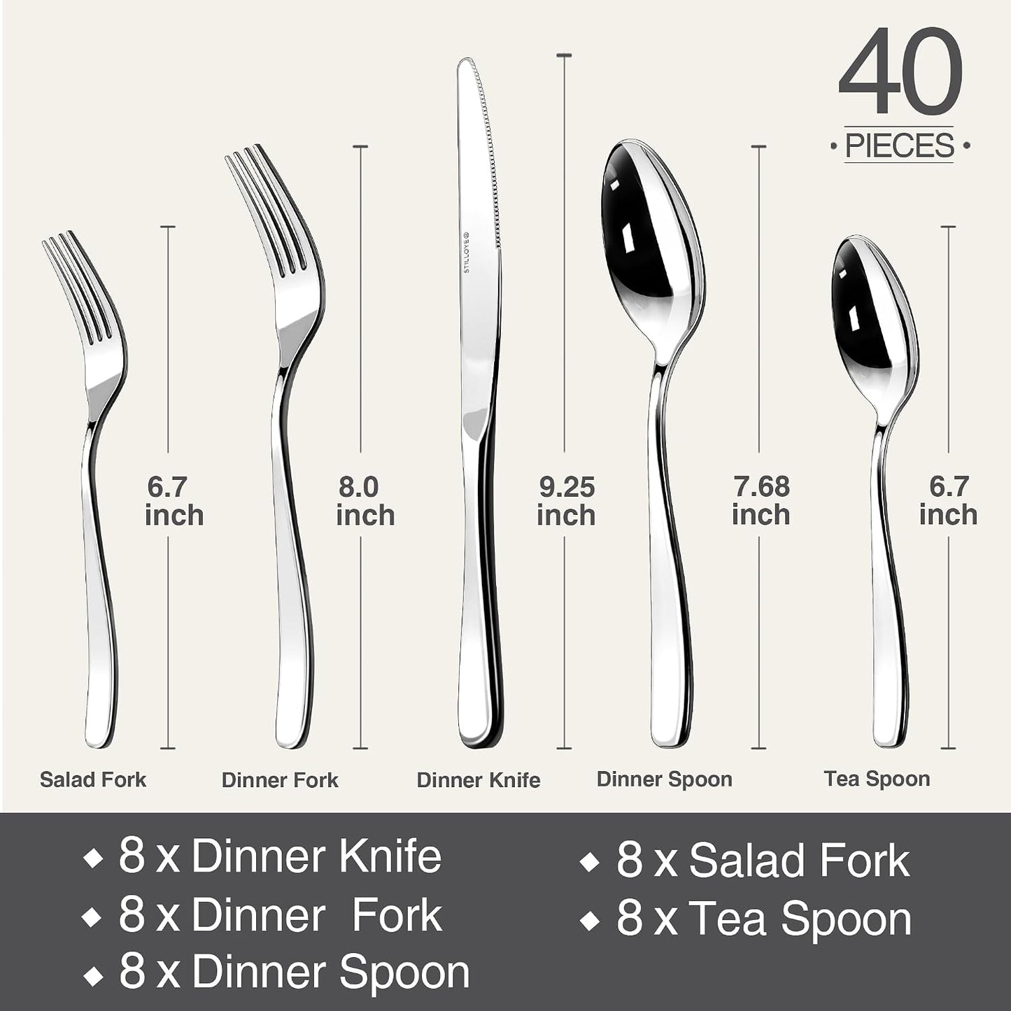 18/10 Silverware Set for 8, 40 Piece Stainless Steel Flatware Set Cutlery | Rust Proof Mirror Polished knives Forks Spoons Utensils, Dishwasher Safe for Dinner Home Kitchen,Wedding Party