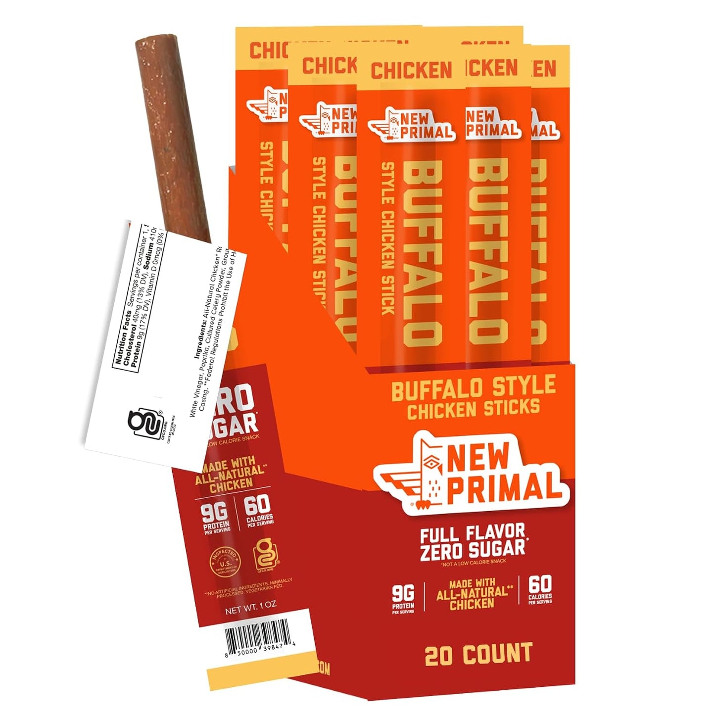 New Primal Buffalo Chicken Sticks, 5 Pack, Keto, Gluten Free, 9g Protein