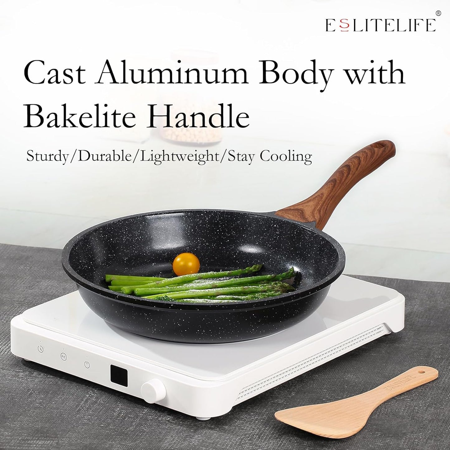 ESLITE LIFE Nonstick Ceramic Frying Pan Skillet, Non-Toxic Egg Omelette Kitchen Cooking Pans Compatible with All Stovetops (Gas, Electric & Induction), PTFE & PFOA Free (Black, 8'')