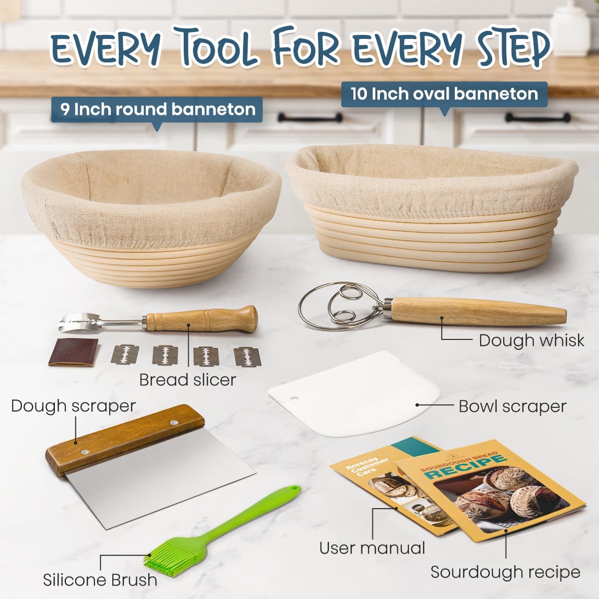 Rorecay Sourdough Starter Kit with Banneton Bread Proofing Baskets | Complete Sourdough Bread Baking Supplies, Beginner Friendly, 9 in Round & 10 in Oval Rattan Banneton, Sturdy Sour Dough Tools