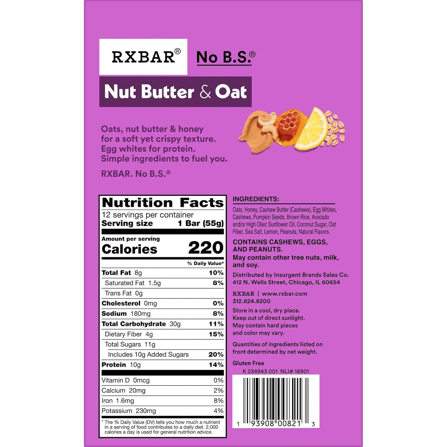 RXBAR Nut Butter and Oat Protein Bars, 12 Count, 23.2oz Box, Lemon Honey Cashew Butter