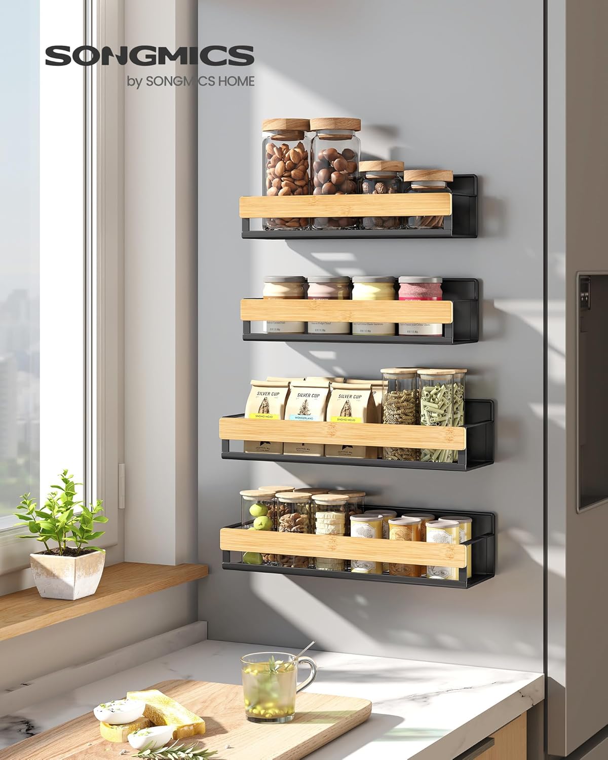 SONGMICS 4-Pack Strong Magnetic Real Bamboo Spice Racks for Fridge | Kitchen Magnetic Shelves for Washing Machine, Spice Organizers, No Drilling Needed, Ink Black UKCS062BH01